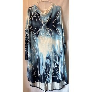 R&B Collection Tunic Dress Size L Retro Blue/white Boho‎ Festival Cowl Neck